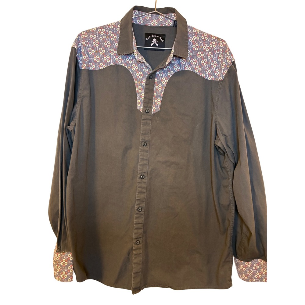 Rock Roll n Soul Vintage Western Floral Yoke Button Down Shirt Gray XL